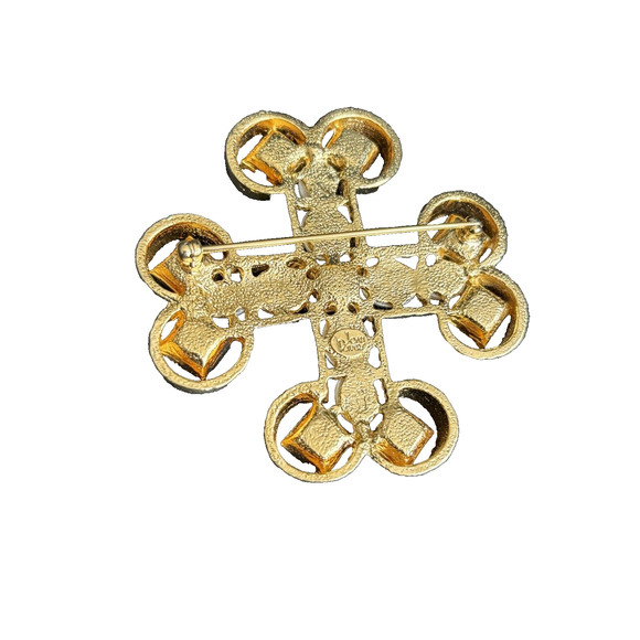 Joan Rivers Maltese cross Brooch Pin Gold Tone Faux Pearls Green Red Rhinestones - Picture 6 of 10